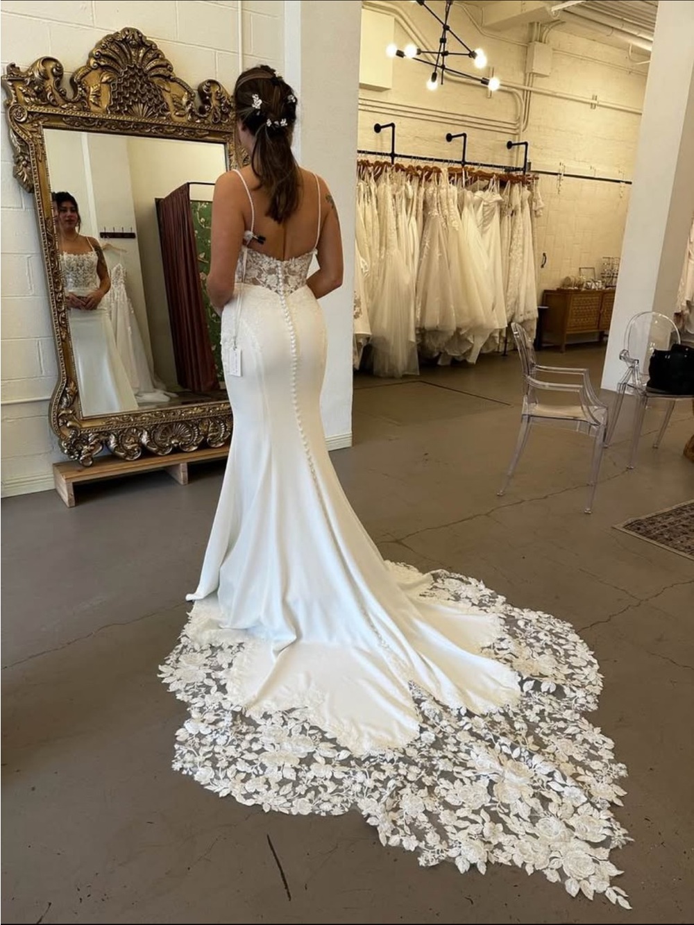 Elegant White Lace-Train Wedding Gown
